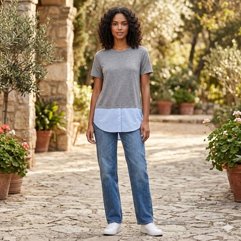 Abound Gray Top Contrast Striped Hem Knit